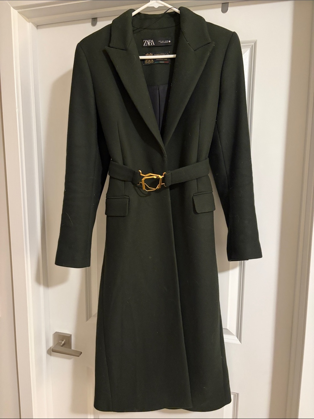 Zara Dark Olive Belted Wool-Blend Trench Coat